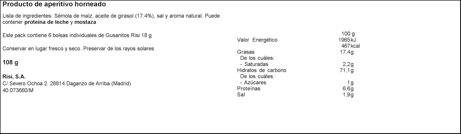 Snack de maíz sin gluten gusanitos Risi pack 6