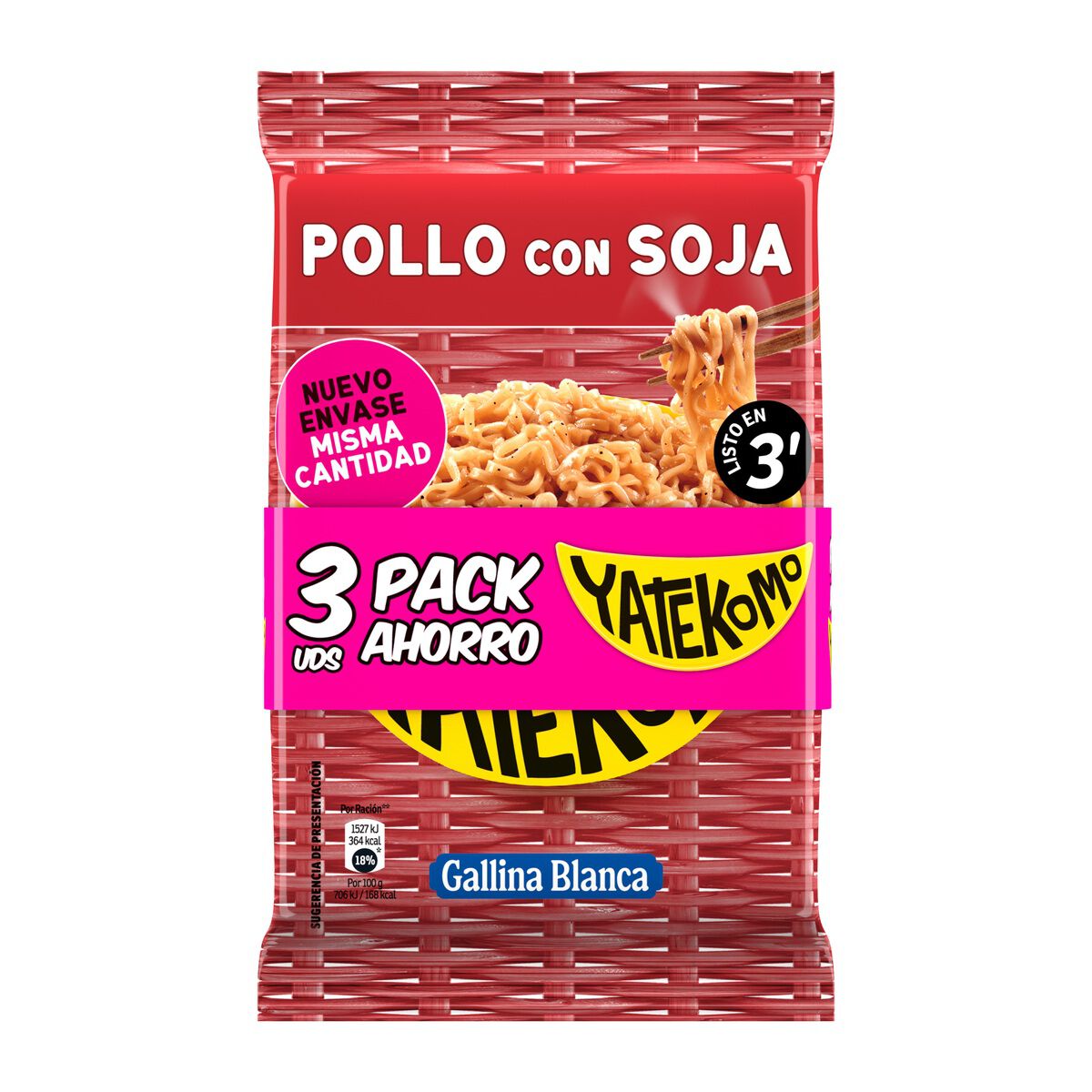 Fideos orientales pollo gallina blanca Yatekomo pack 3