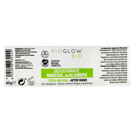Desodorante en stick natural Bioglow 60g mineral de alumbre