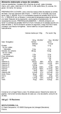 Papilla sin gluten 0,0% az&uacute;car a&ntilde;adido Nestle 180g arroz