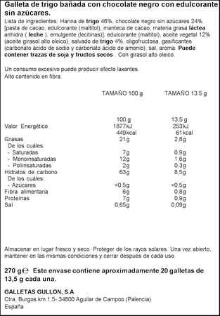 Gull&oacute;n digestive zero sin az&uacute;cares a&ntilde;adidos de chocolate Gull&oacute;n 270g