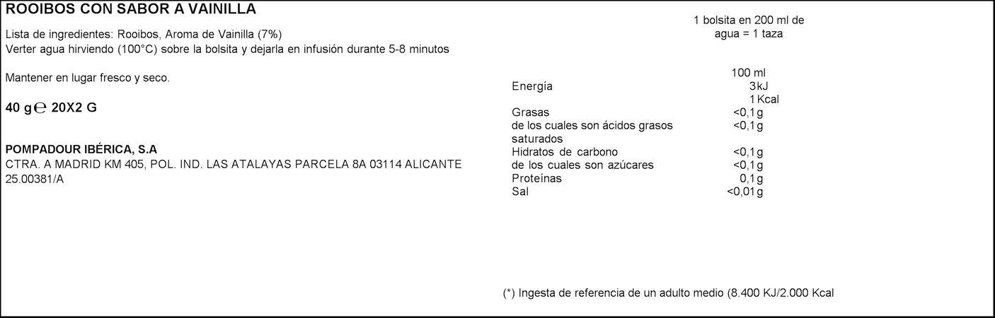 Infusión rooibos sabor vainilla Pompadour 20unidades