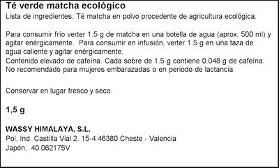 T&eacute; matcha ecol&oacute;gico en sobres individuales Wassy 10 unidades
