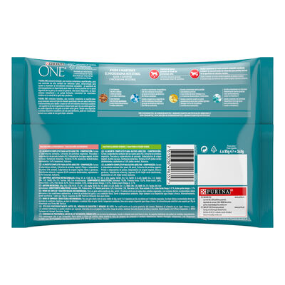 Comida h&uacute;meda Purina One salm&oacute;n pavo 4x85g