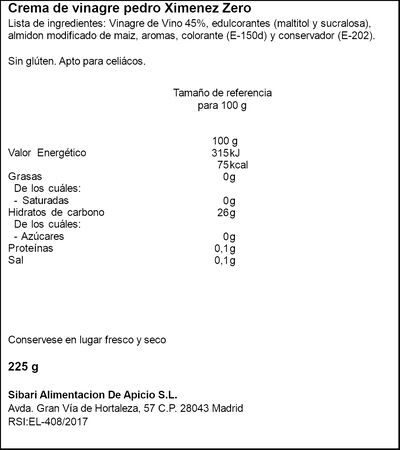 Crema vinagre bals&aacute;mico Pedro Xim&eacute;nez Zero Sibari 225g