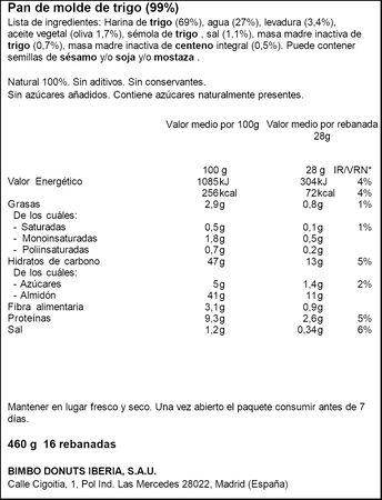 Pan molde Bimbo sin lactosa natural 460g
