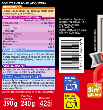 Tomate entero pelado categor&iacute;a extra Alipende 240g