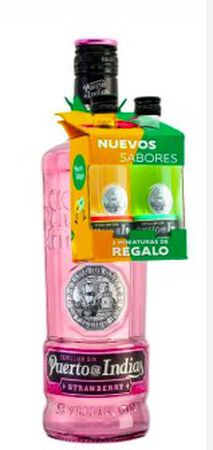 Ginebra Puerto de Indias 70 cl sabor fresa + 2 miniaturas de melón y mango