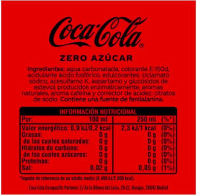 Refresco zero cola sin az&uacute;car ni calor&iacute;as Coca-Cola 1,25l pack 3 m&aacute;s 1 gratis