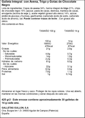 Galleta digestive con avena y chocolate negro Gullón 425g