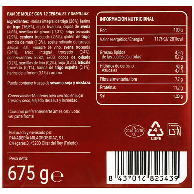 Pan de molde Milagros 675G con 12 cereales y semillas