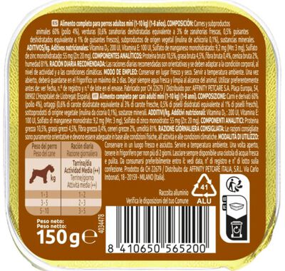Alimentaci&oacute;n perro Ultima dog mini h&uacute;medo pat&eacute; pollo y verduras 150g