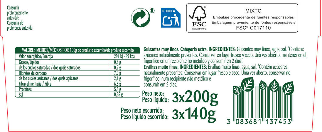 Guisantes Bonduelle pack 3 natural