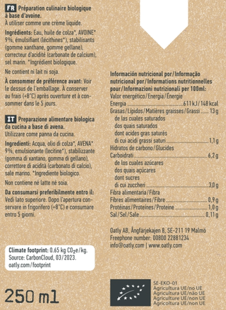 Crema de avena bio para cocinar Oatly 250 ml