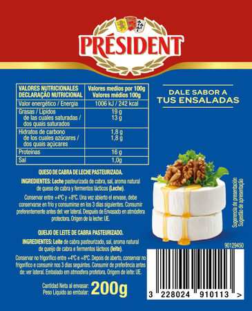 Queso en rulo de cabra ya cortado Pr&eacute;sident pack 2 de 100g