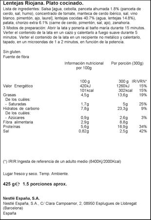 Lenteja riojana Litoral 425g con ingredientes naturales