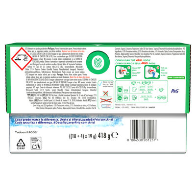 Detergente en c&aacute;psulas pods con 18 m&aacute;s 4 lavados Ariel 22 lavados Original