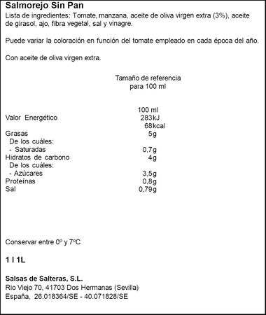 Salmorejo fresco sin pan Garc&iacute;a Mill&aacute;n 1l