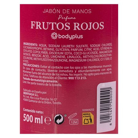 Jabón de manos con dosificador Bodyplus 500ml frutos rojos