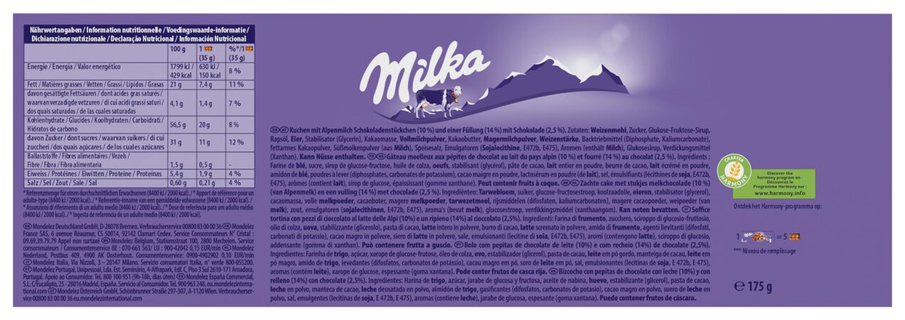 Bizcochito Milka Cake Choc crema pepitas chocolate 175g