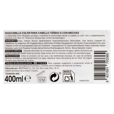Mascarilla capilar Bodyplus 400ml te&ntilde;ido