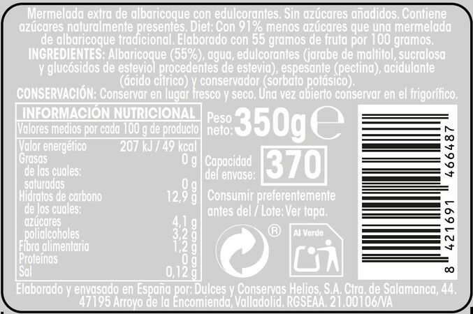 Mermelada diet albaricoque sin azúcar añadido Alipende 350g