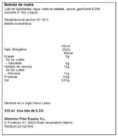 Bebida malt&iacute;n polar con capacidad de 33 cl