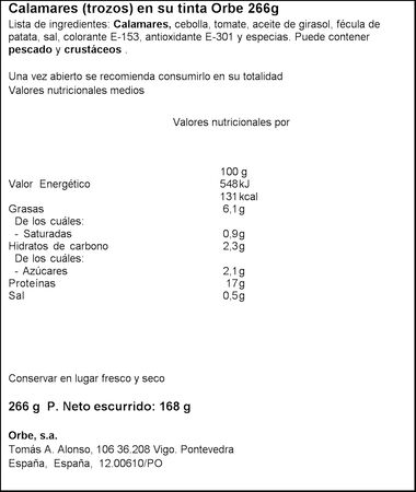 Calamares en trozos en su tinta Orbe 168g