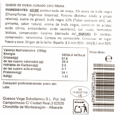 Queso oveja curado Vega Sotuelamos 200gr con trufa