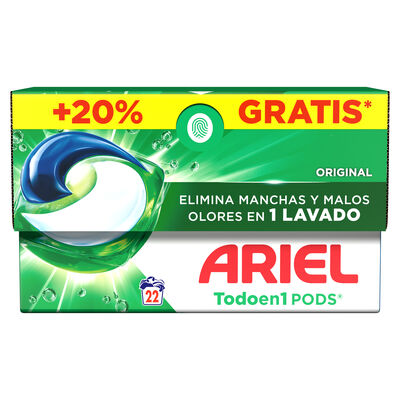Detergente en c&aacute;psulas pods con 18 m&aacute;s 4 lavados Ariel 22 lavados Original