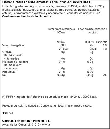 Refresco cola Pepsi zero lata 33cl lima