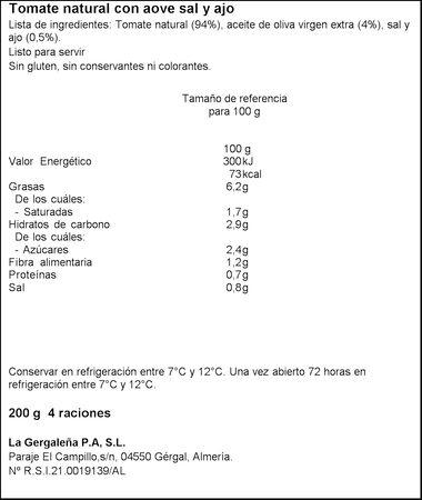 Tomate rallado tumaca aceite ajo La Gergale&ntilde;a 200g