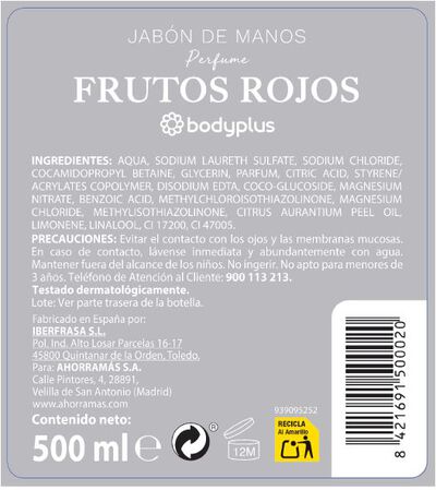Jab&oacute;n de manos con dosificador Bodyplus 500ml frutos rojos