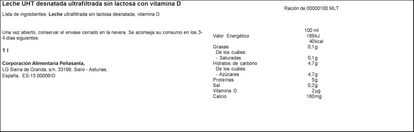 Leche sin lactosa Asturiana 1L suprema desnatada