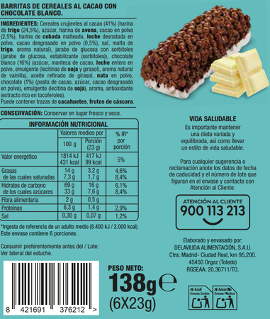 Barritas de cereales con chocolate blanco Alipende 138g