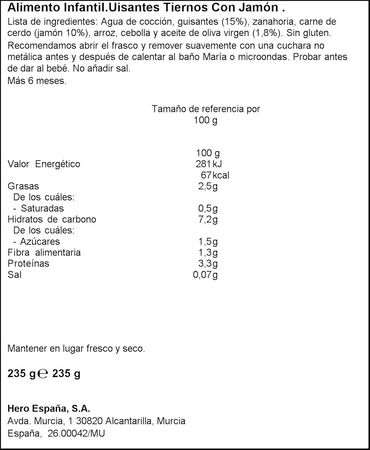 Tarro Hero Solo guisantes jam&oacute;n desde 6meses 235g