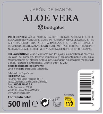 Jab&oacute;n de manos con dosificador Bodyplus 500ml aloe vera