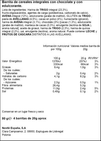 Barrita cereal sabor cacao 0% az&uacute;car a&ntilde;adido Fitness Protein 4 uds