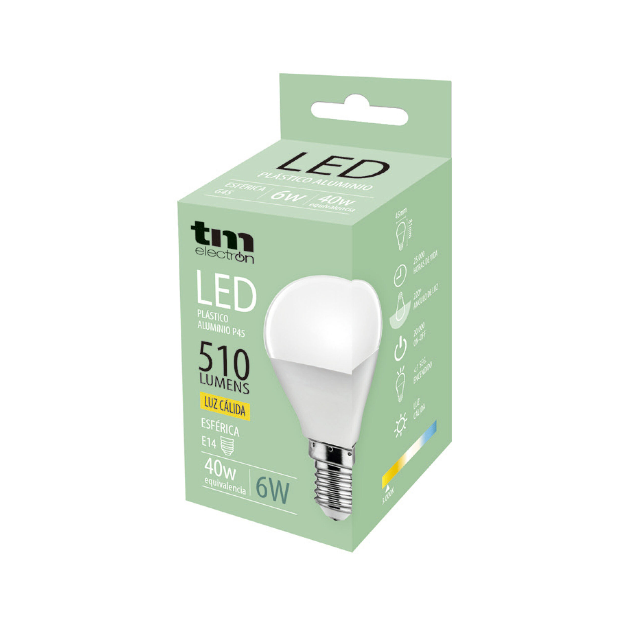 Bombilla Led esférica e14 plástico TM p45 6W cálida
