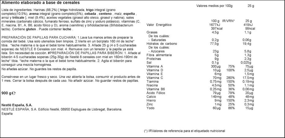 Papilla Nestlé 8 cereales miel desde 6meses 725g