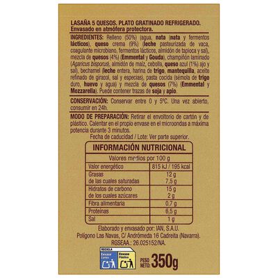 Lasa&ntilde;a gratinada con cinco quesos 350g