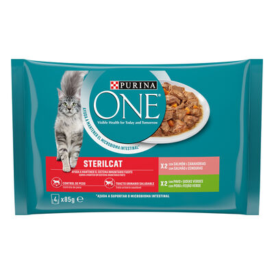 Comida h&uacute;meda Purina One salm&oacute;n pavo 4x85g