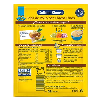 Sopa bajo en sal Gallina Blanca 68g pollo
