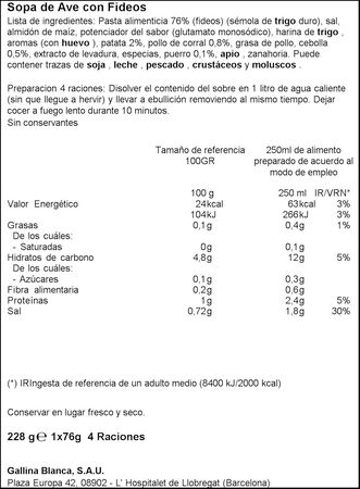 Sopa Gallina Blanca pack 3 unidades ave con fideos