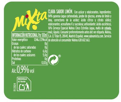 Cerveza con lim&oacute;n Mahou Mixta lata 33cl