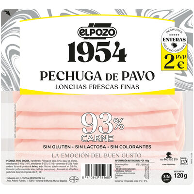 Pechuga de pavo 1954 120 gr lonchas frescas finas sin gluten y sin lactosa