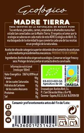 Aceite de oliva virgen extra ecol&oacute;gico Abril Madre Tierra 500ml
