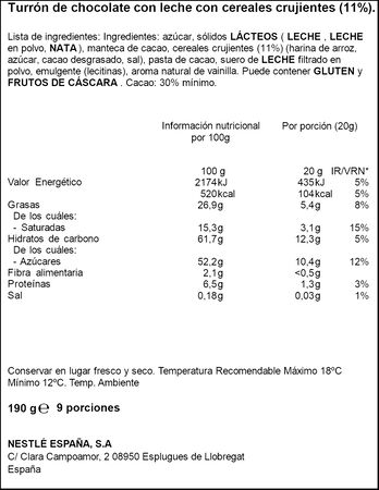 Turrón de chocolate con cereales crujientes Crunch Nestlé 190g