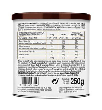 Cacao puro negro soluble Valor 250g 100%