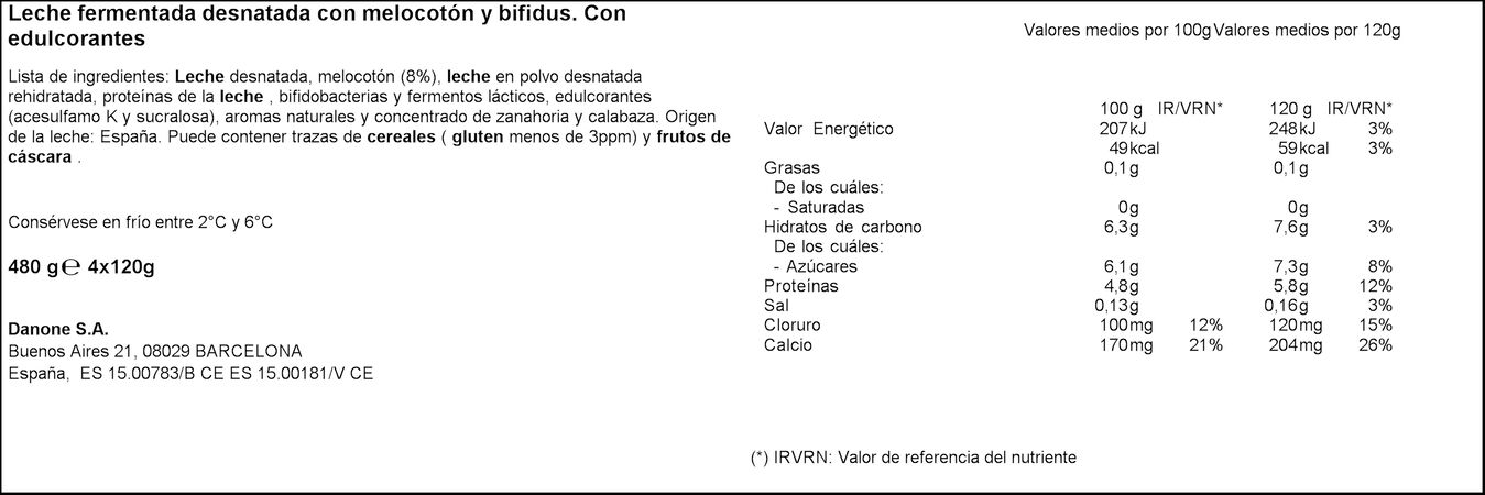 Bífidus probiótico Activia 0% pack 4 melocotón